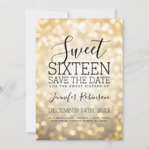 Sweet 16 Party Sparkling Gold Glitzer Lights Save The Date