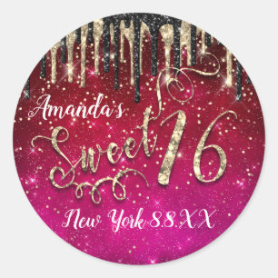 Sweet 16. Party Stars Gold Confetti Tropfen Rosa Runder Aufkleber