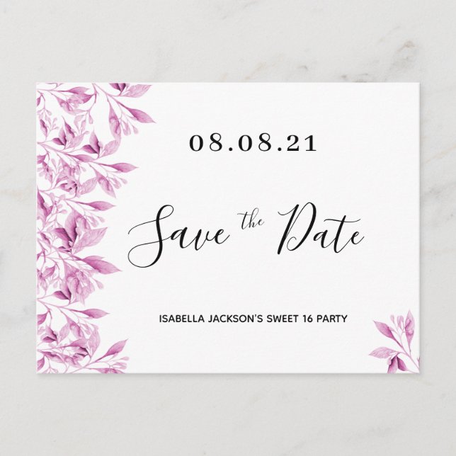 Sweet 16 Party, weiß, rosa Blumen Save the Date Postkarte (Vorderseite)