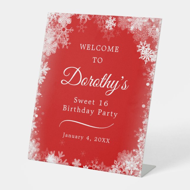 Sweet 16 Party Winter Snowflake Rot Willkommen Sockelschild (Vorderseite)