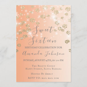 Sweet 16. Peach Blume Gold Ombre Foto Grau Einladung