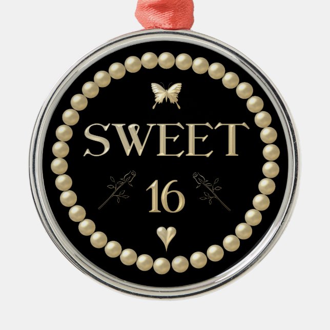 Sweet 16 - Perlen auf schwarz "Samt" Ornament Aus Metall (Vorne)