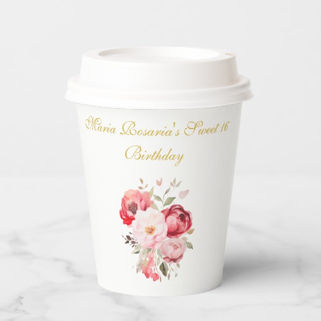 Sweet 16 Personalized  Floral Tableware Pappbecher (Vorderseite)