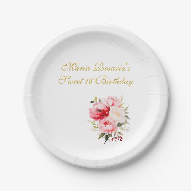 Sweet 16 Personalized Floral Tableware Pappteller (Vorderseite)
