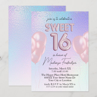 Sweet 16 Pink Balloons auf Holographic Gradient Einladung