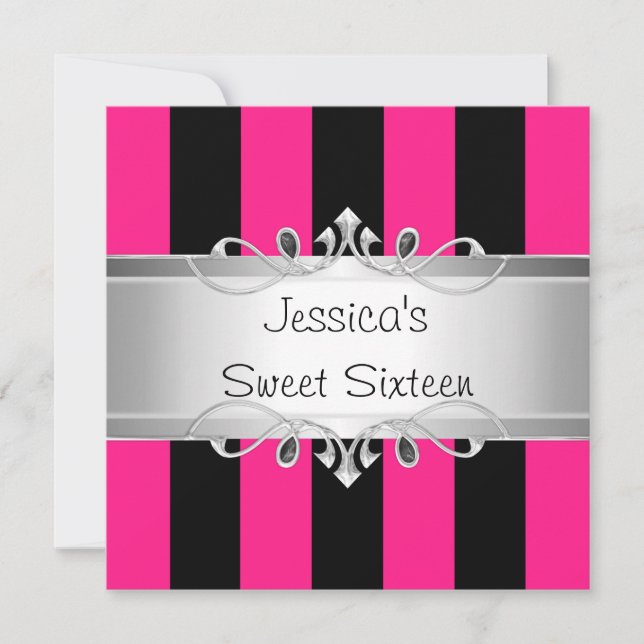 Sweet 16 Pink Black Stripes Silver Jewel Party Einladung (Vorderseite)