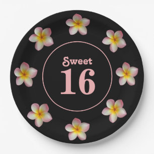Sweet 16 & Pink Blume auf Black Paper Tellern Pappteller