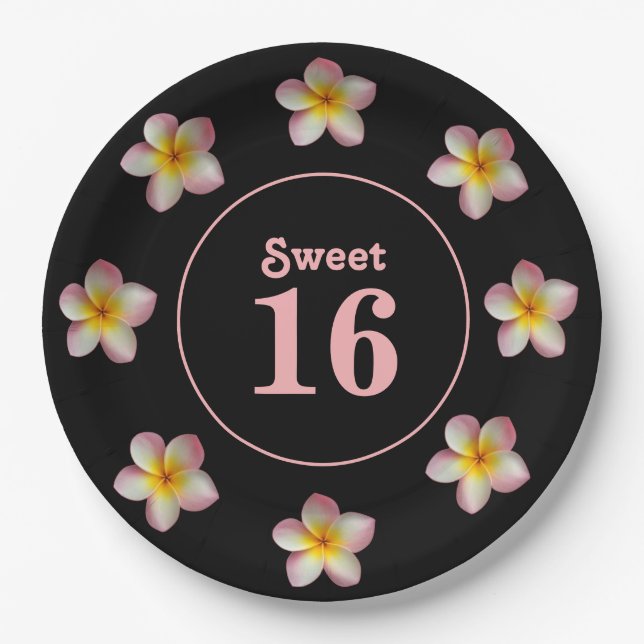 Sweet 16 & Pink Blume auf Black Paper Tellern Pappteller (Vorderseite)