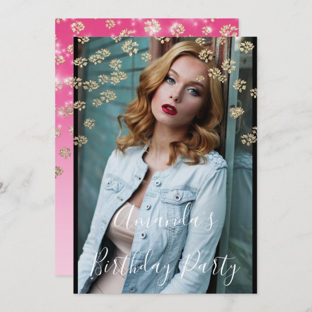 Sweet 16. Pink Blume Gold Ombre Foto Confetti Einladung (Vorne/Hinten)