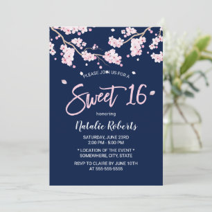 Sweet 16 Pink Blumenkirsche Blossom Navy Blue Einladung