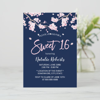 Sweet 16 Pink Blumenkirsche Blossom Navy Blue Einladung