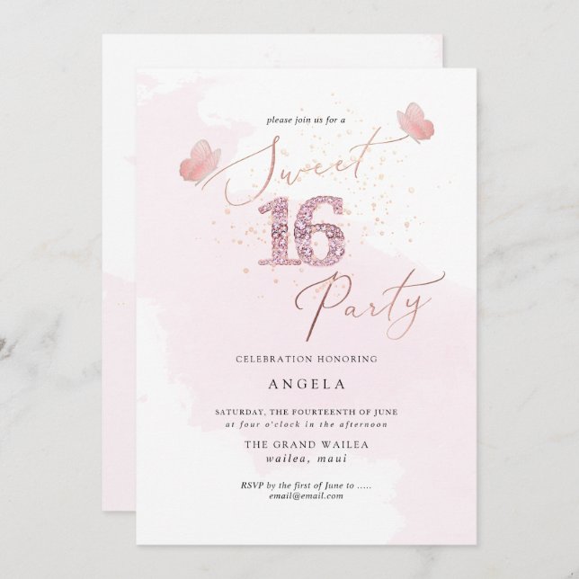 Sweet 16 Pink Diamond Butterflies Aquarellfarben I Einladung (Vorne/Hinten)