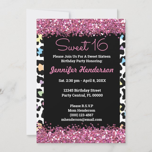 Sweet 16 Pink Glitzer Farbenfrohe Leopard Print Wi Einladung (Vorderseite)