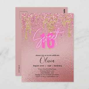 Sweet 16 Pink Glitzer Foil Girly Modern Fl Invita Postkarte