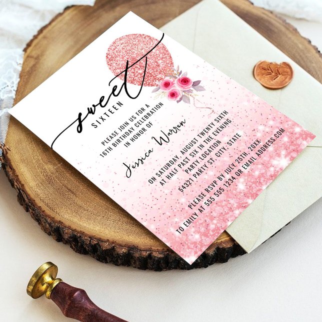 Sweet 16 Pink Glitzer Geburtstagsfeier Einladung (Von Creator hochgeladen)