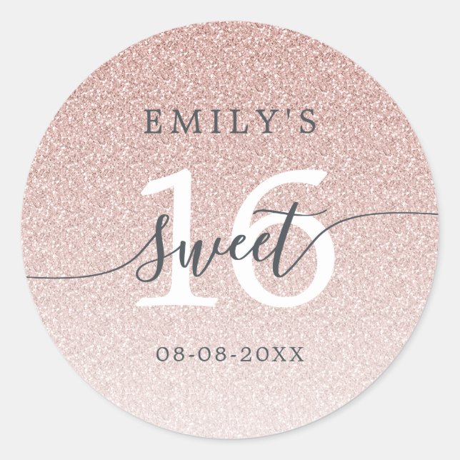 Sweet 16 Pink Glitzer Ombre Individuelle Name Datu Runder Aufkleber (Vorderseite)