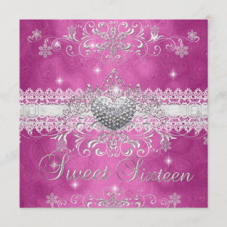 Sweet 16 Pink Glitzer Tiara Spitzenherz Einladung