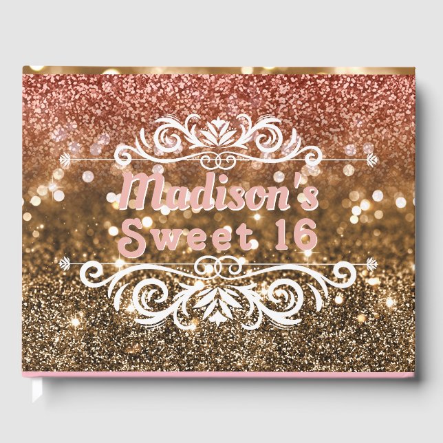 Sweet 16 Pink Gold Glitzer Bokeh Custom Gästebuch (Vorderseite)