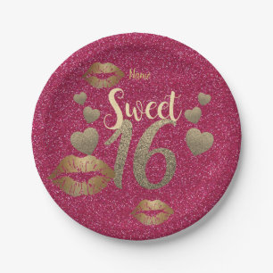 Sweet 16 Pink GOLD Glitzer Lippen Personalisiert Pappteller