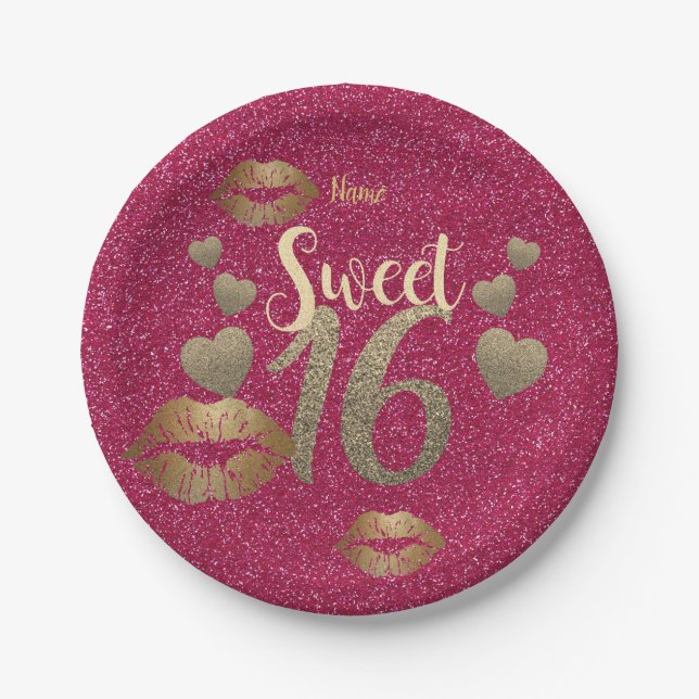 Sweet 16 Pink GOLD Glitzer Lippen Personalisiert Pappteller (Vorderseite)