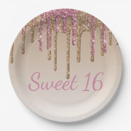 Sweet 16 Pink Gold Glitzer Tropfen Script Ombré Pappteller