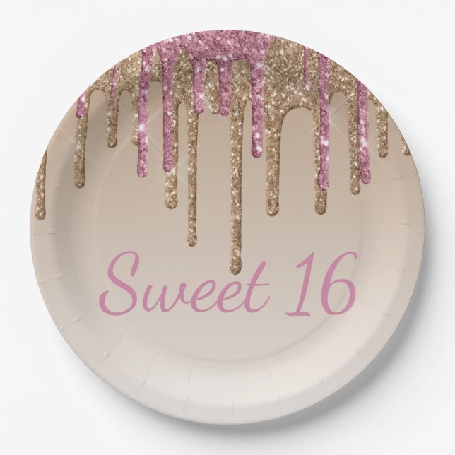 Sweet 16 Pink Gold Glitzer Tropfen Script Ombré Pappteller (Vorderseite)