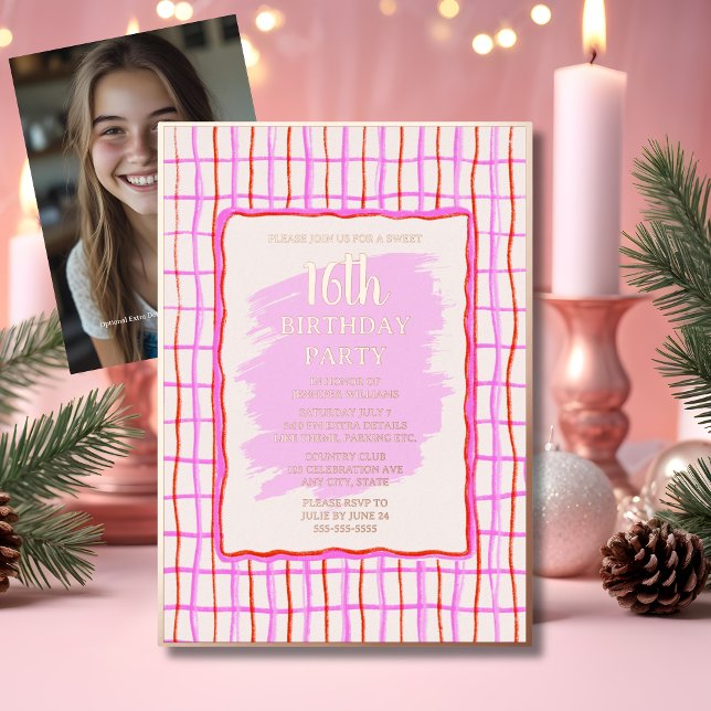 Sweet 16 Pink Hand gezeichnet Birthday Foil Einlad Folieneinladung (Von Creator hochgeladen)