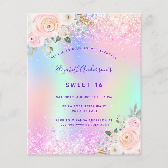 Sweet 16 pink lila Glitzer Blumenbudget Flyer (Vorne)