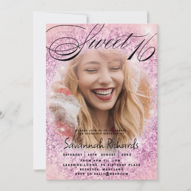 Sweet 16 Pink & Lila Glitzer Foto Party Einladung (Vorderseite)