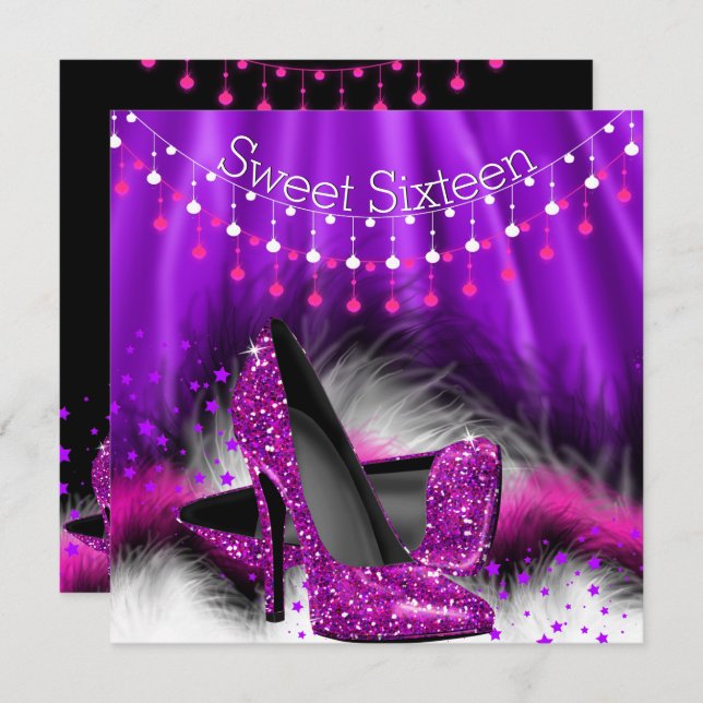 Sweet 16 Pink Lila Stars High Heels Party Einladung (Vorne/Hinten)