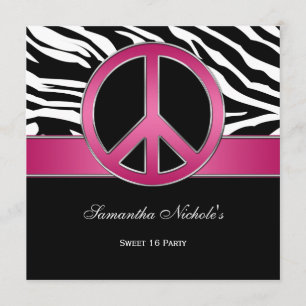 Sweet 16 Pink Peace Sign Black Zebra Einladung