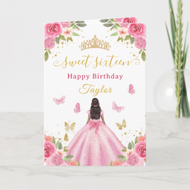 Sweet 16 Pink Princess African American Girl Karte (Vorderseite)