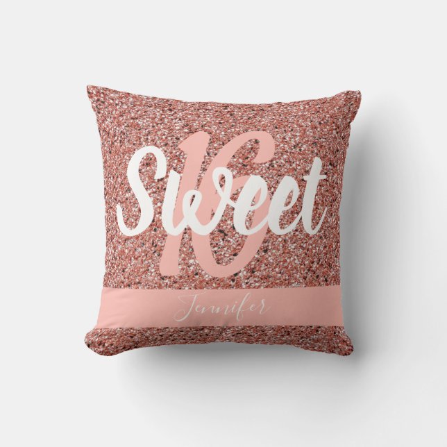 Sweet 16 Pink Rose Gold Pink Glitzer Personalisier Kissen (Vorderseite)