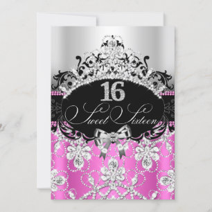 Sweet 16 Pink Silver Sparkle Tiara Birthday Einlad Einladung