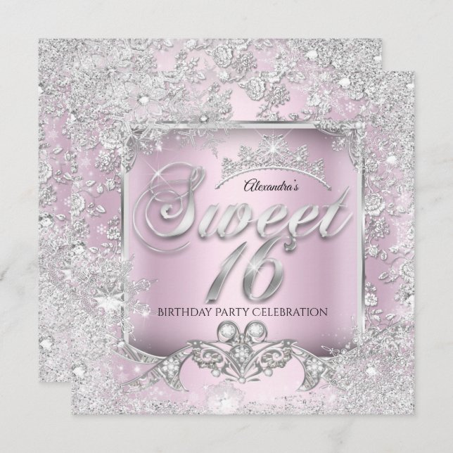 Sweet 16 Pink Silver Tiara Winter Wonderland Party Einladung (Vorne/Hinten)