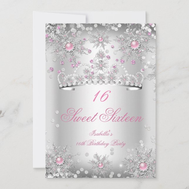 Sweet 16 Pink Snowflakes Silver Winter Wonderland Einladung (Vorderseite)