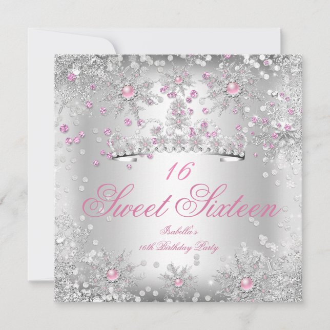 Sweet 16 Pink Snowflakes Silver Winter Wonderland Einladung (Vorderseite)