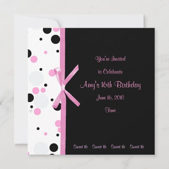 Sweet 16 Pink und Black Polka Dot Einladung (Vorderseite)