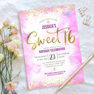 Sweet 16 Pink Watercolor Gold Girly Glam Geburtsta Einladung