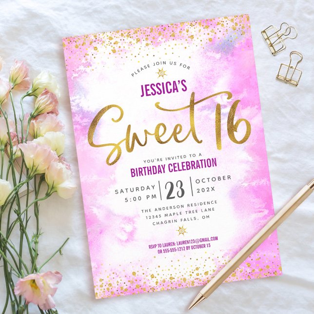 Sweet 16 Pink Watercolor Gold Girly Glam Geburtsta Einladung (Von Creator hochgeladen)
