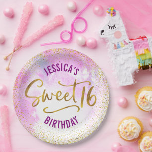 Sweet 16 Pink Watercolor Gold Glam Girly Geburtsta Pappteller