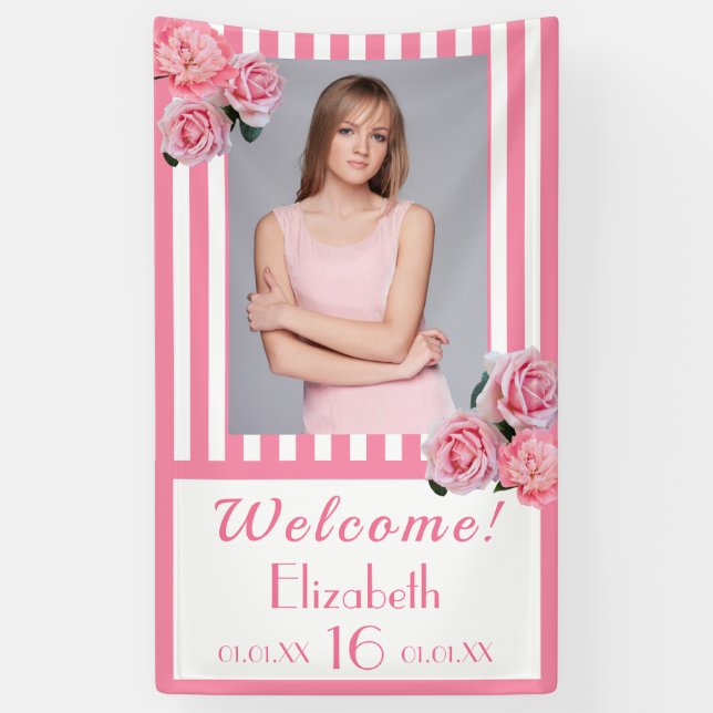 Sweet 16 Pink White Stripes Foto Banner (Vertikal)