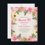 Sweet 16 Pink Yellow Watercolor Blume Einladung<br><div class="desc">Niedlich rosa und gelb Aquarellblüte Sweet 16 Geburtstagsfeier Einladung für Mädchen. Personalisieren Sie Ihre Daten mit Ihrem Namen,  Party und anderen wichtigen Informationen.</div>
