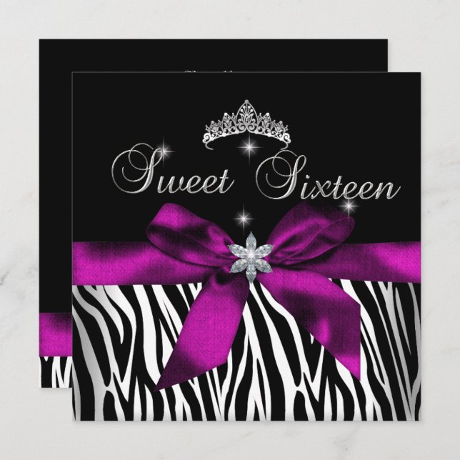 Sweet 16 Pink Zebra Schwarz-weiß Diamonds Einladung (Vorne/Hinten)