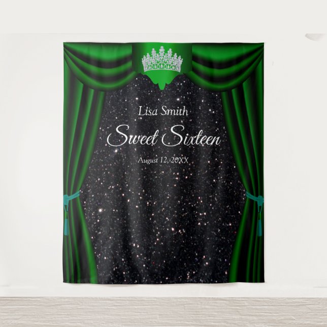 Sweet 16 Princess Crown Green Curtain Black Glitte Wandteppich (Vorderseite)