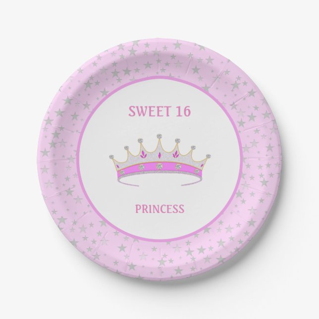 Sweet 16 Princess Tiara & Stars Confetti Pappteller (Vorderseite)