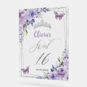 Sweet 16 Purple Lilac Floral Silver Willkommen Acrylschild