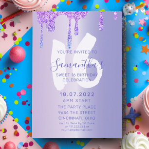 Sweet 16 Purple Metallic & Glitter-Tropfen Geburts Einladung