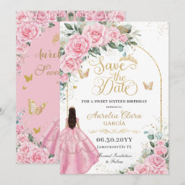 Sweet 16 Quinceanera Pink Roses Floral Fair Gold Save The Date