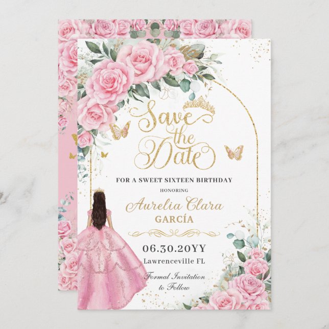 Sweet 16 Quinceanera Pink Roses Floral Fair Gold Save The Date (Vorne/Hinten)